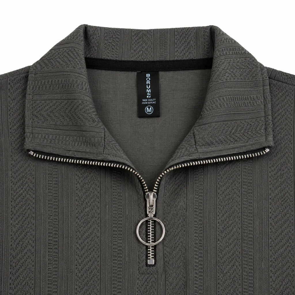 Grey Jacquard Open-Collar Full-Sleeve Polo Tee | Relaxed Fit