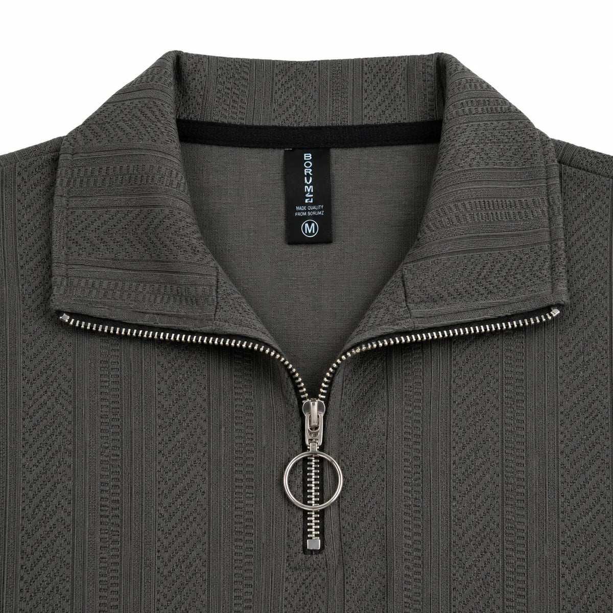 Grey Jacquard Open-Collar Full-Sleeve Polo Tee | Relaxed Fit