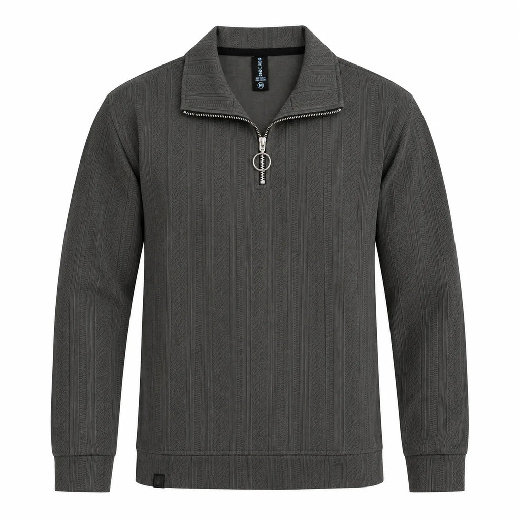 Grey Jacquard Open-Collar Full-Sleeve Polo Tee | Relaxed Fit