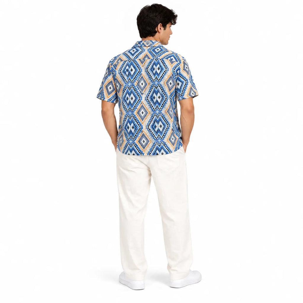 Borumz Crochet-Inspired Geometric Print Cuban Collar Shirt