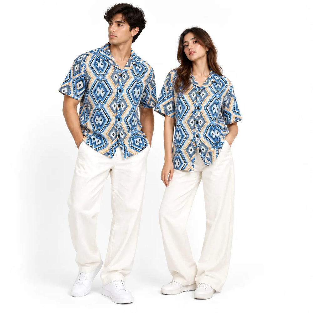 Borumz Crochet-Inspired Geometric Print Cuban Collar Shirt