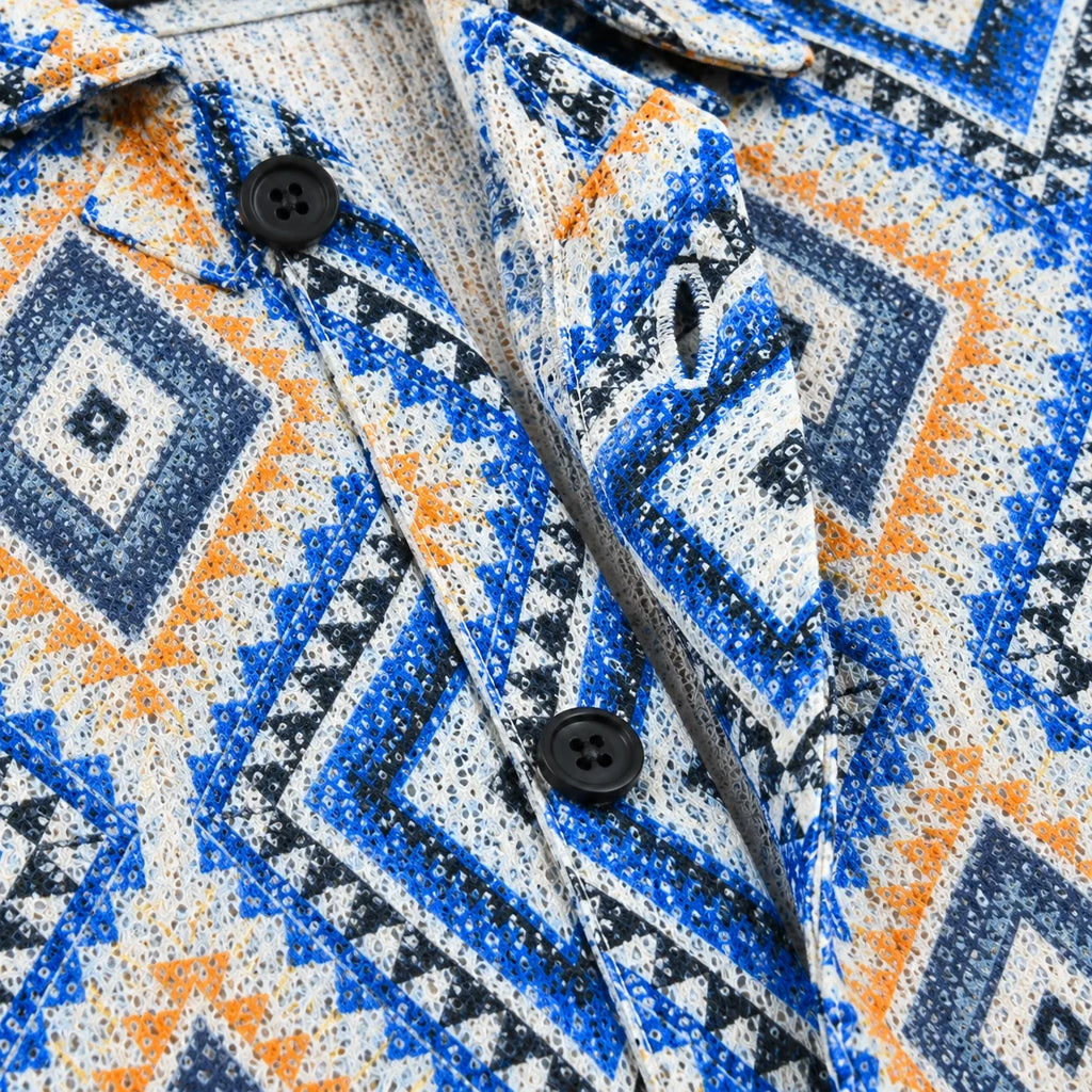 Borumz Crochet-Inspired Geometric Print Cuban Collar Shirt