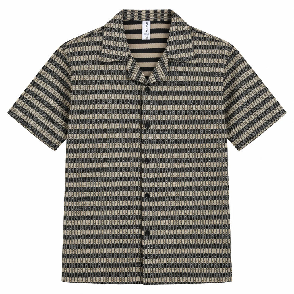 Brown & Black Textured Knit Camp Collar Shirt | Boxy fit