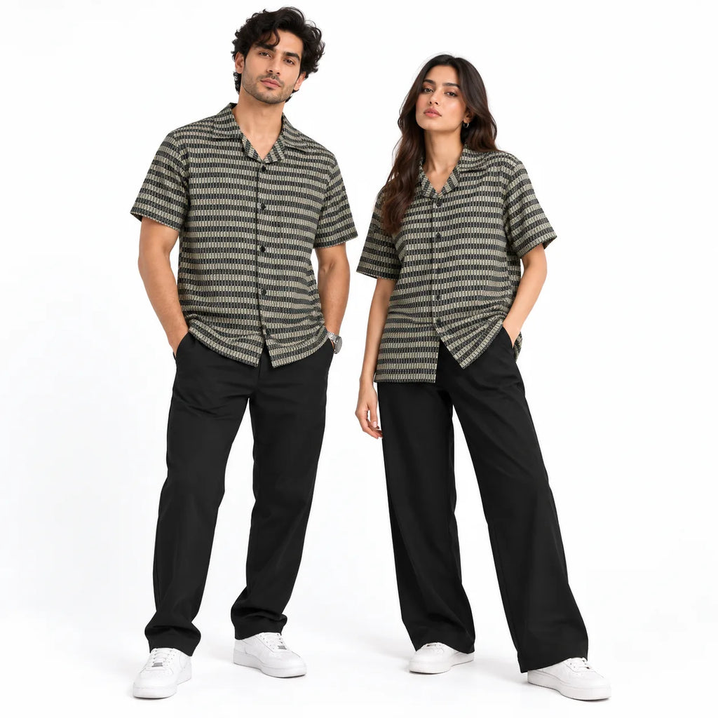 Brown & Black Textured Knit Camp Collar Shirt | Boxy fit