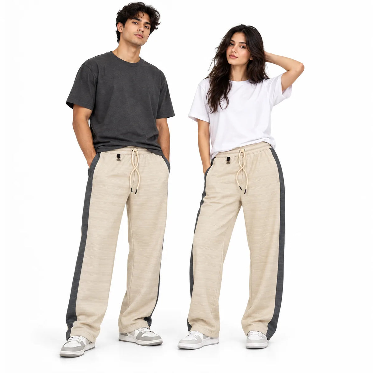 Textured Wide-Leg Track Pant – Cream