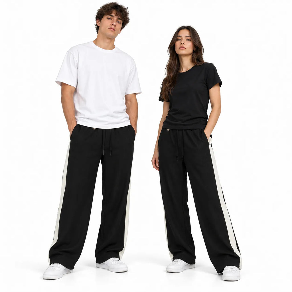 Textured Wide-Leg Track Pant – Black
