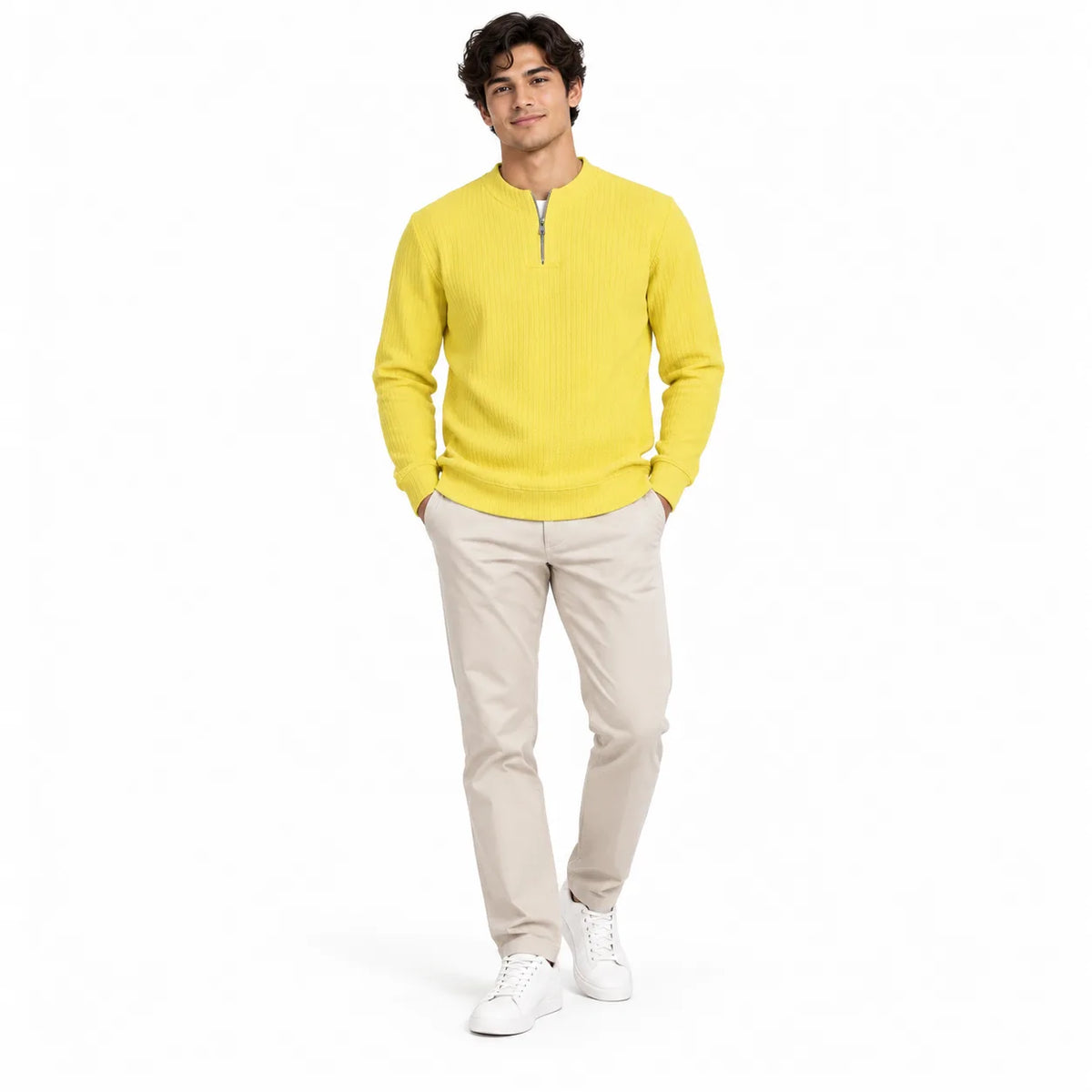Sunshine Yellow Ribbed Quarter-Zip Polo Tee | Smart Fit