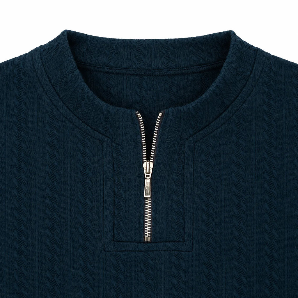 Navy Blue Ribbed Quarter-Zip Polo Tee | Smart Fit