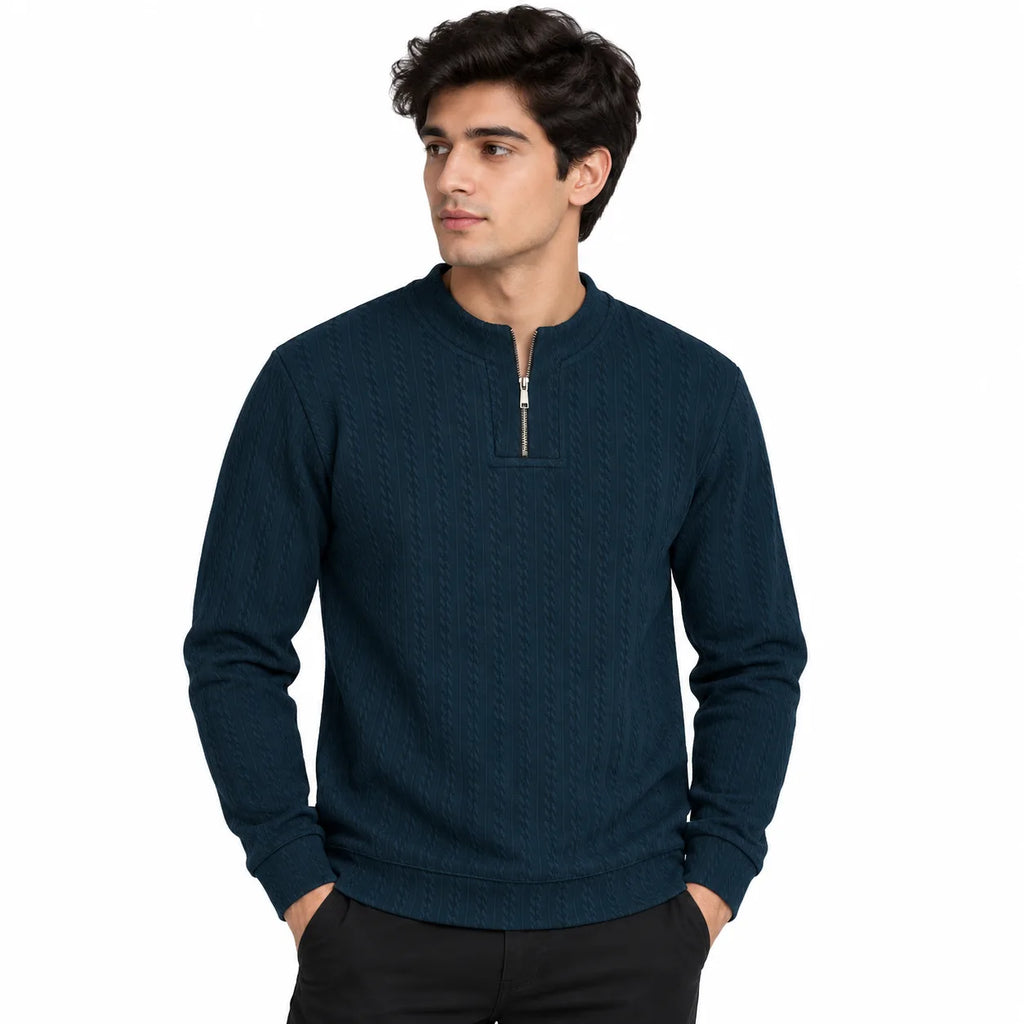 Navy Blue Ribbed Quarter-Zip Polo Tee | Smart Fit