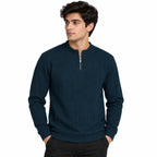 Navy Blue Ribbed Quarter-Zip Polo Tee | Smart Fit
