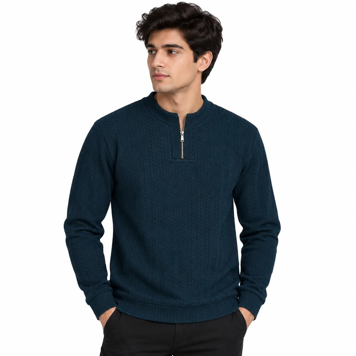 Navy Blue Ribbed Quarter-Zip Polo Tee | Smart Fit