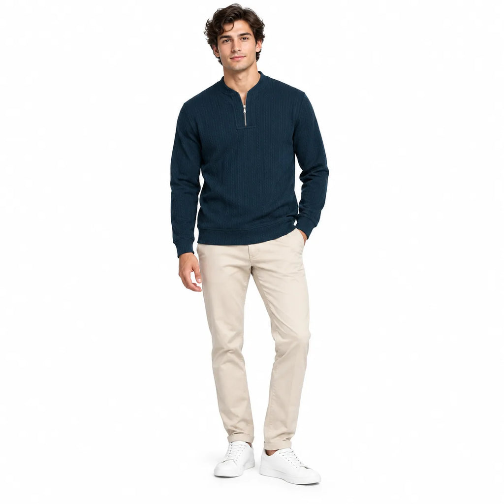 Navy Blue Ribbed Quarter-Zip Polo Tee | Smart Fit