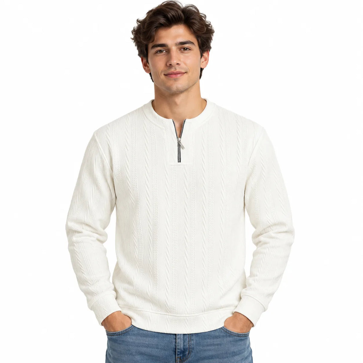 Off White Cable-Jacquard Quarter-Zip Polo Tee | Relaxed Fit
