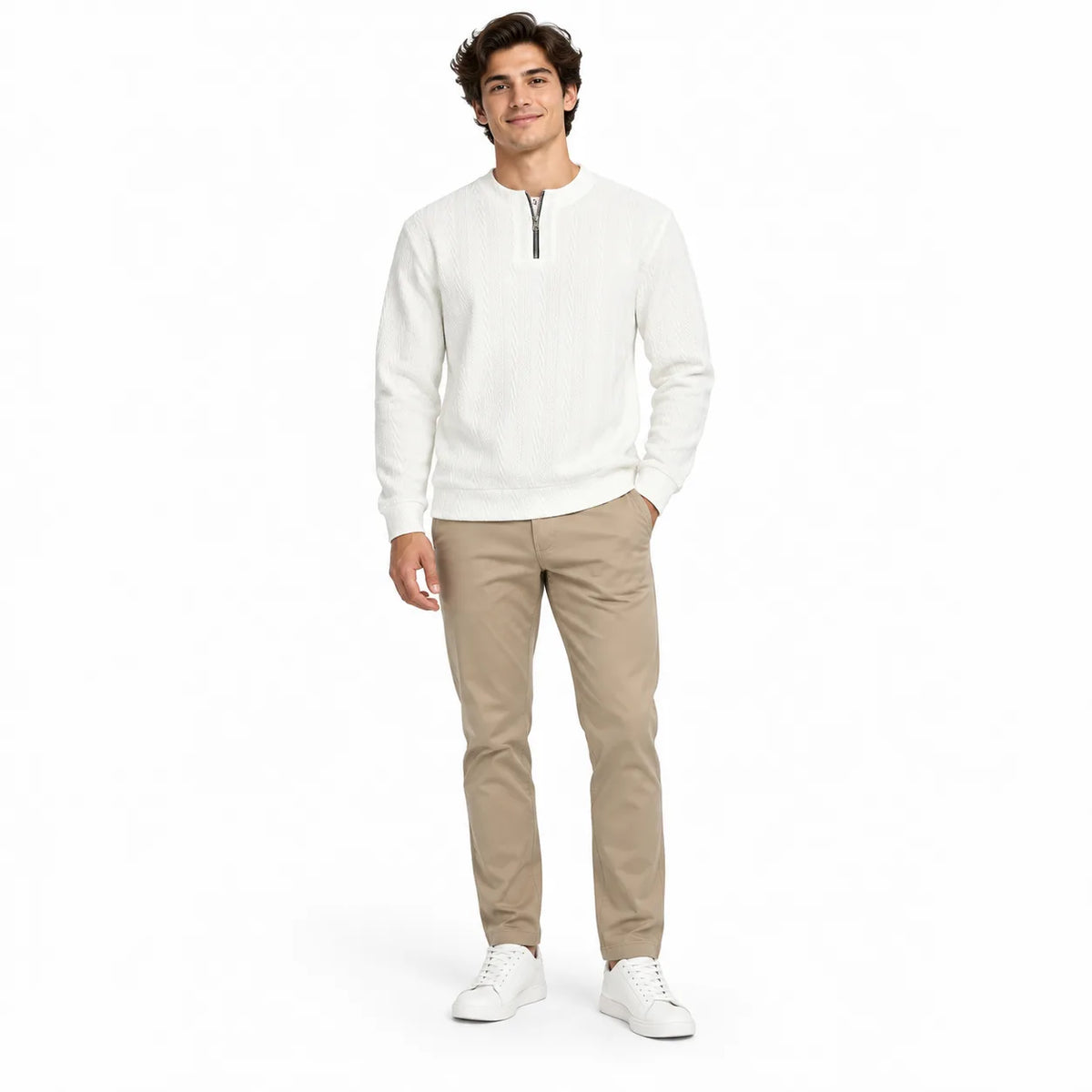 Off White Cable-Jacquard Quarter-Zip Polo Tee | Relaxed Fit
