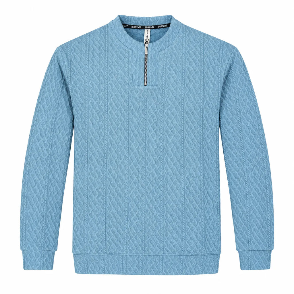 Sky Blue Cable-Jacquard Quarter-Zip Polo Tee | Relaxed Fit