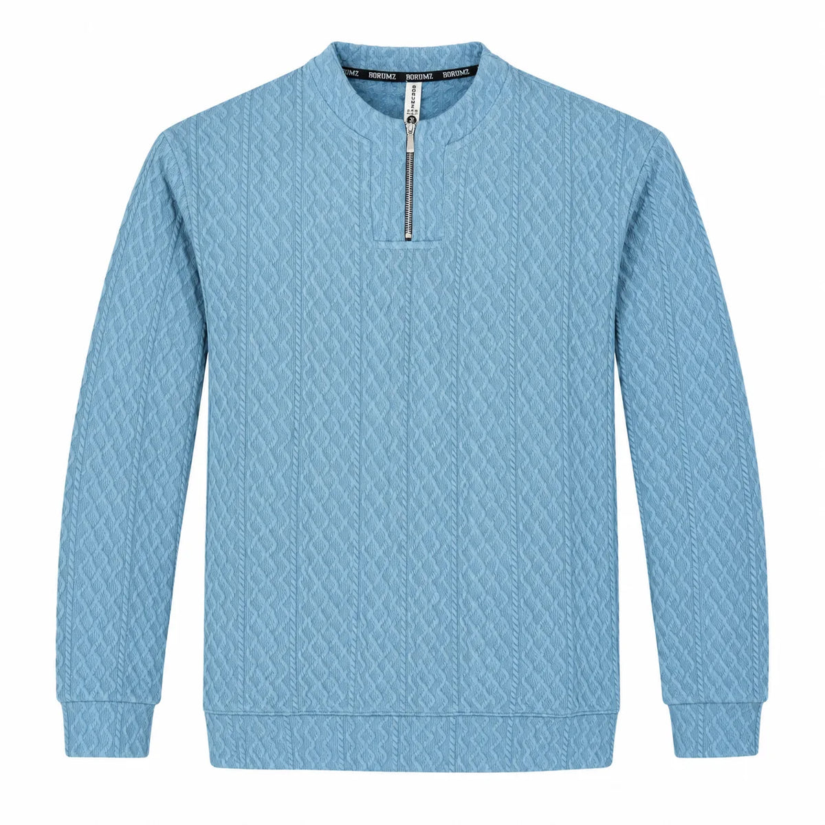 Sky Blue Cable-Jacquard Quarter-Zip Polo Tee | Relaxed Fit