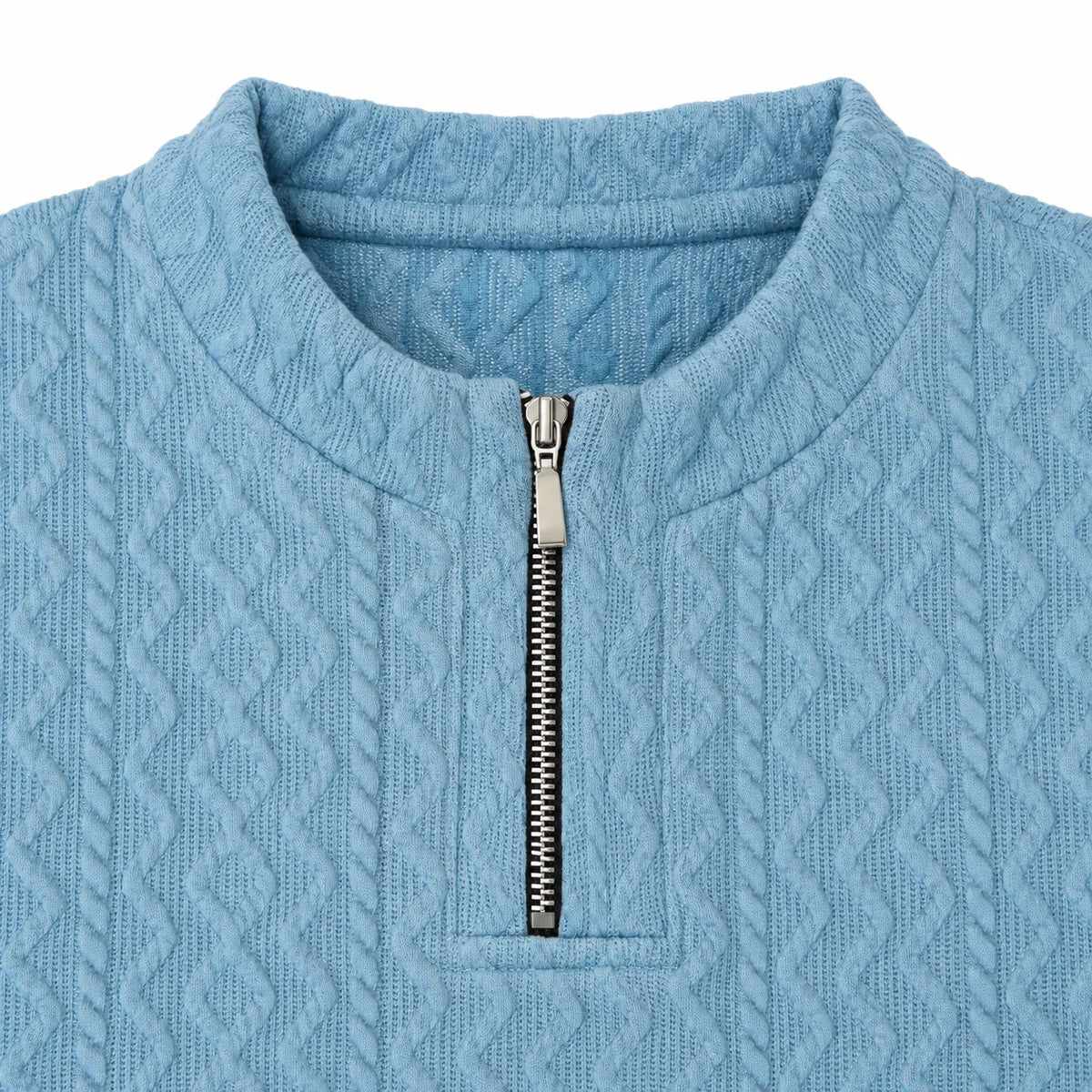 Sky Blue Cable-Jacquard Quarter-Zip Polo Tee | Relaxed Fit