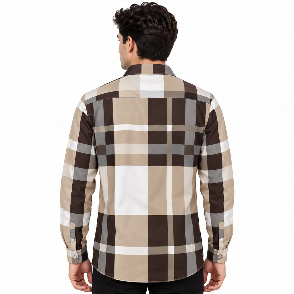 Unisex Oversized Tartan Check Full-Sleeve Shirt – Mocha Beige
