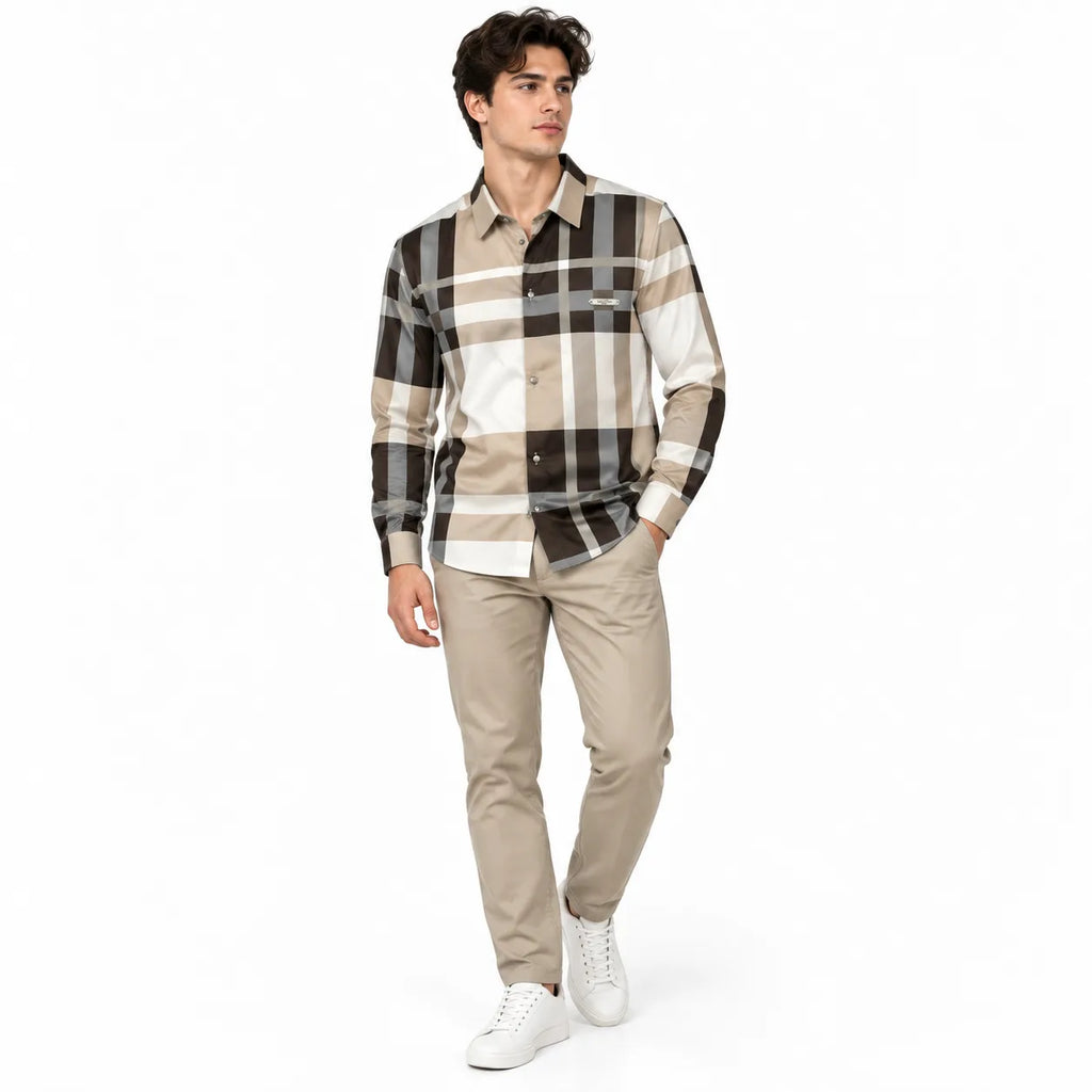 Unisex Oversized Tartan Check Full-Sleeve Shirt – Mocha Beige