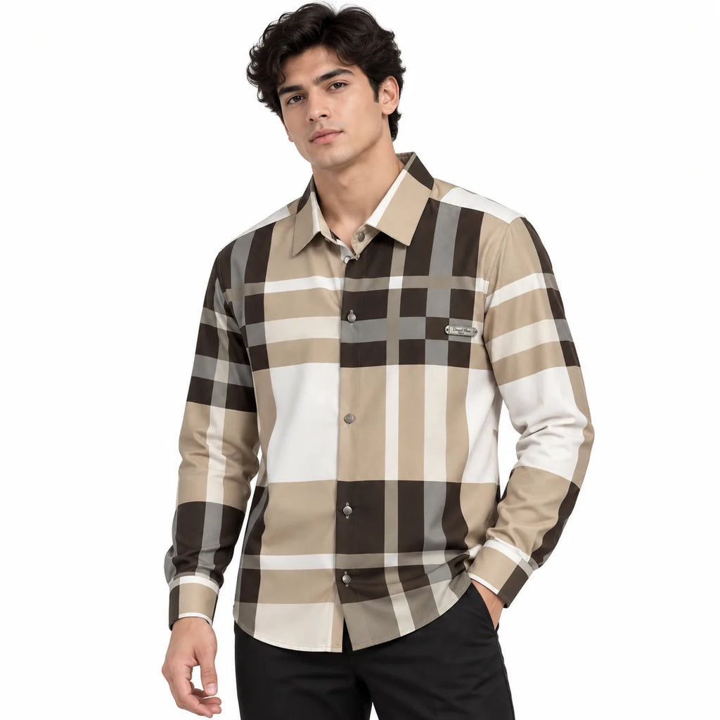 Unisex Oversized Tartan Check Full-Sleeve Shirt – Mocha Beige