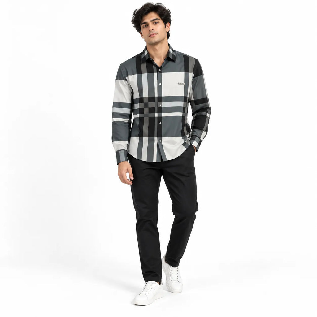 Unisex Oversized Tartan Check Full-Sleeve Shirt – Charcoal Grey