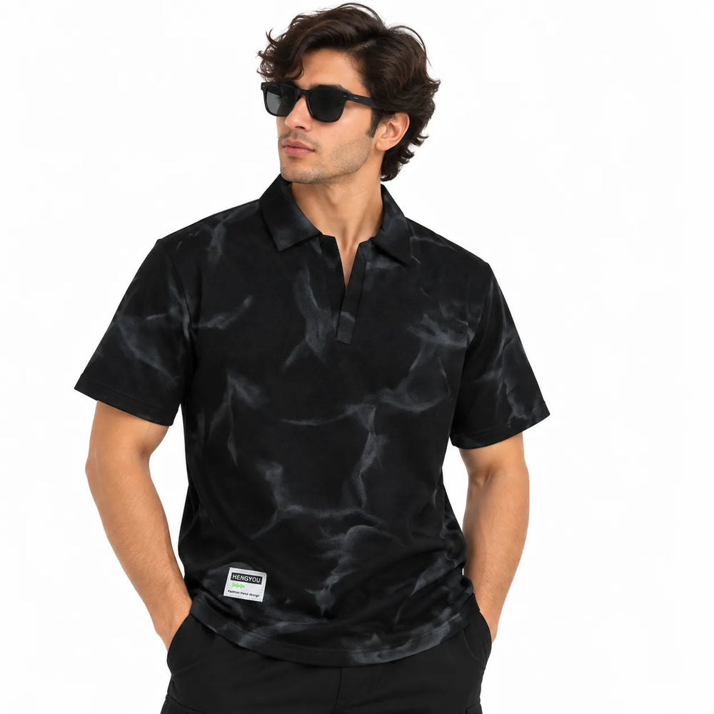 Black Tie-Dye Print Johnny Collar Polo Shirt - Polo
