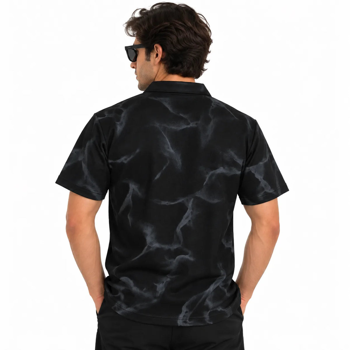Black Tie-Dye Print Johnny Collar Polo Shirt - Polo