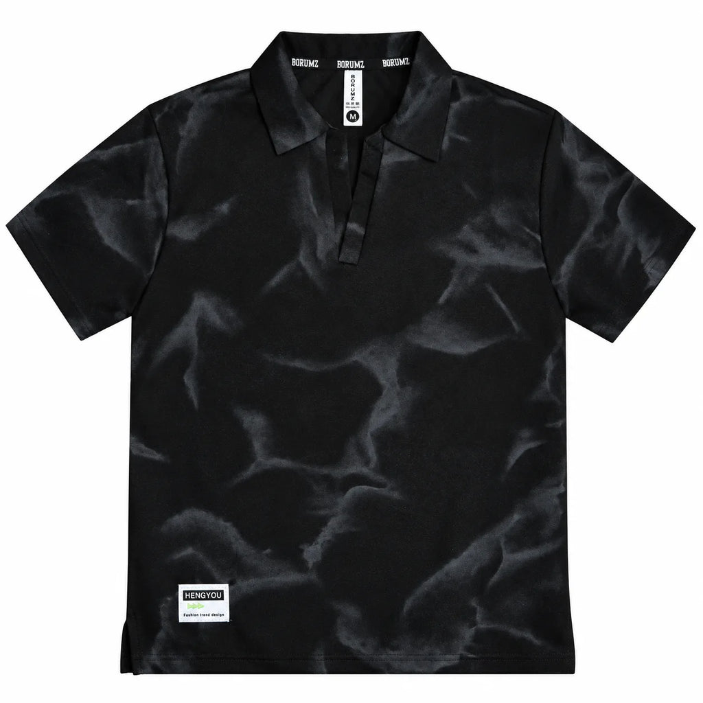 Black Tie-Dye Print Johnny Collar Polo Shirt - Polo