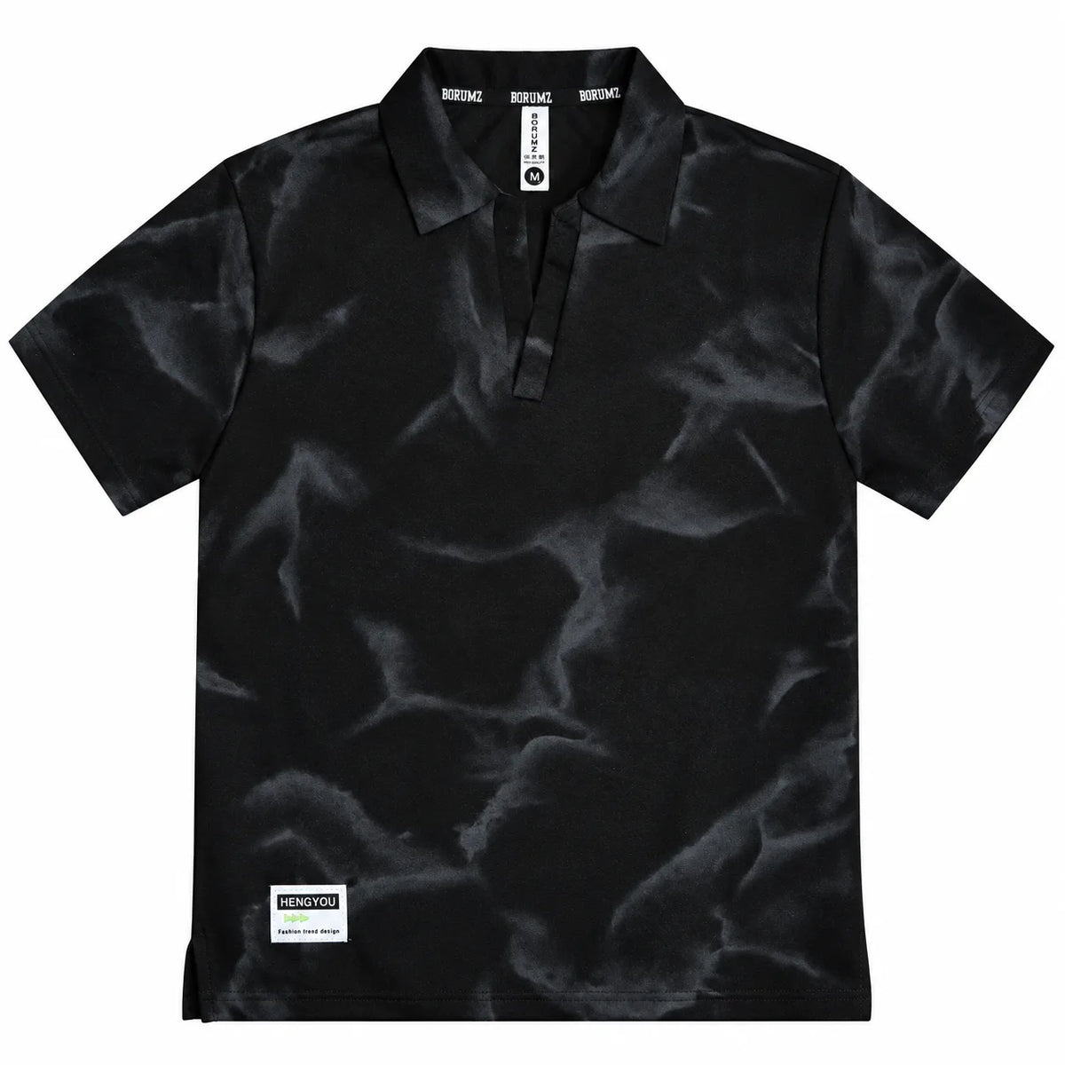 Black Tie-Dye Print Johnny Collar Polo Shirt - Polo