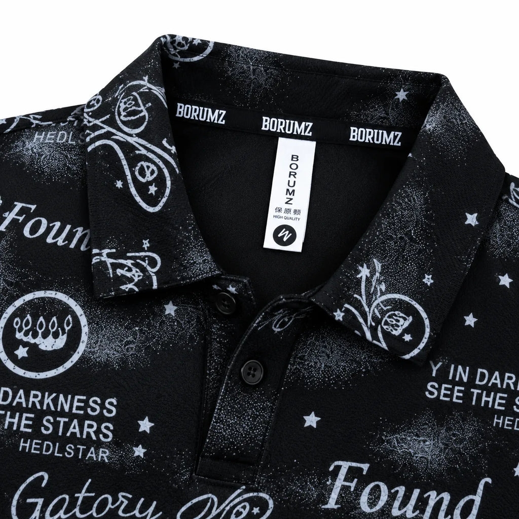 Black Typography Print Polo Shirt | Graphic Polo