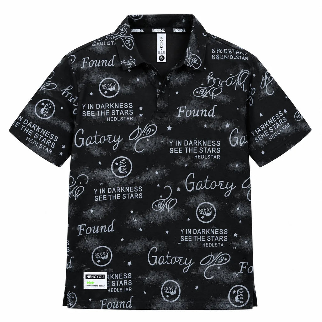 Black Typography Print Polo Shirt | Graphic Polo