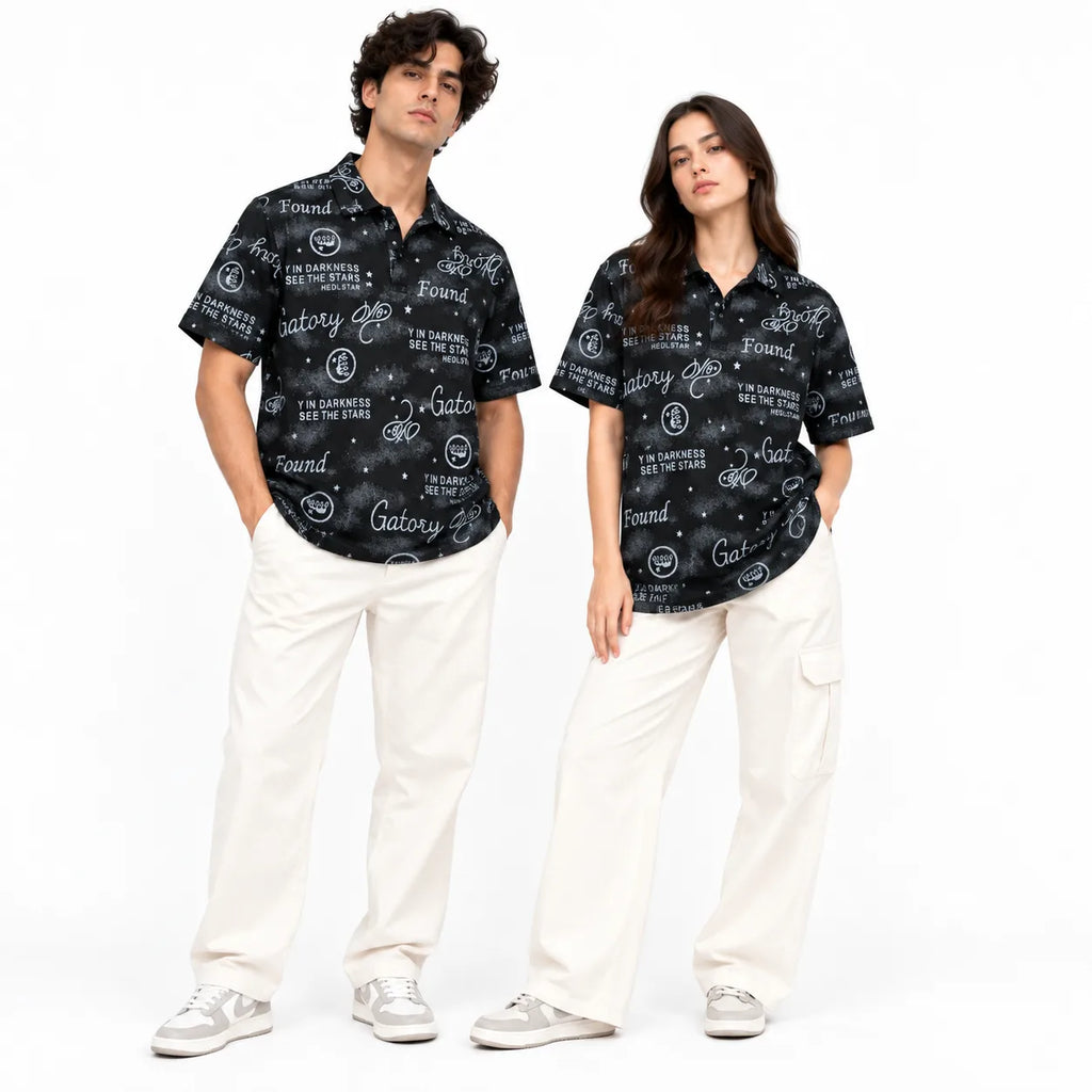 Black Typography Print Polo Shirt | Graphic Polo