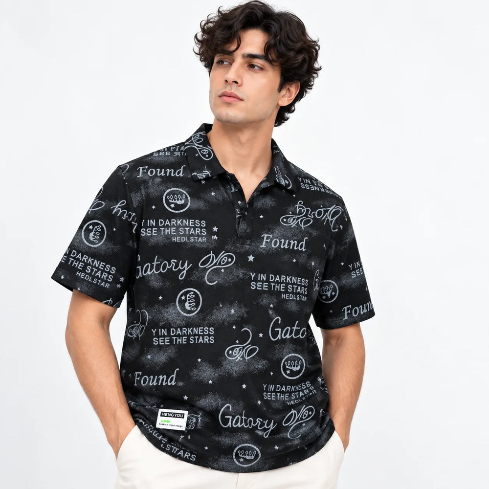 Black Typography Print Polo Shirt | Graphic Polo