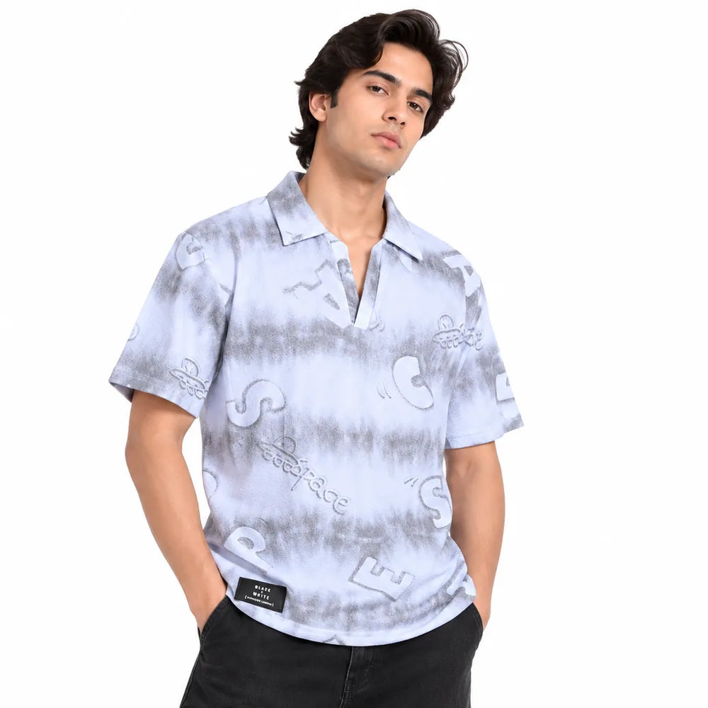 White Tie-Dye Alphabet Print Johnny Collar Polo Shirt - Polo