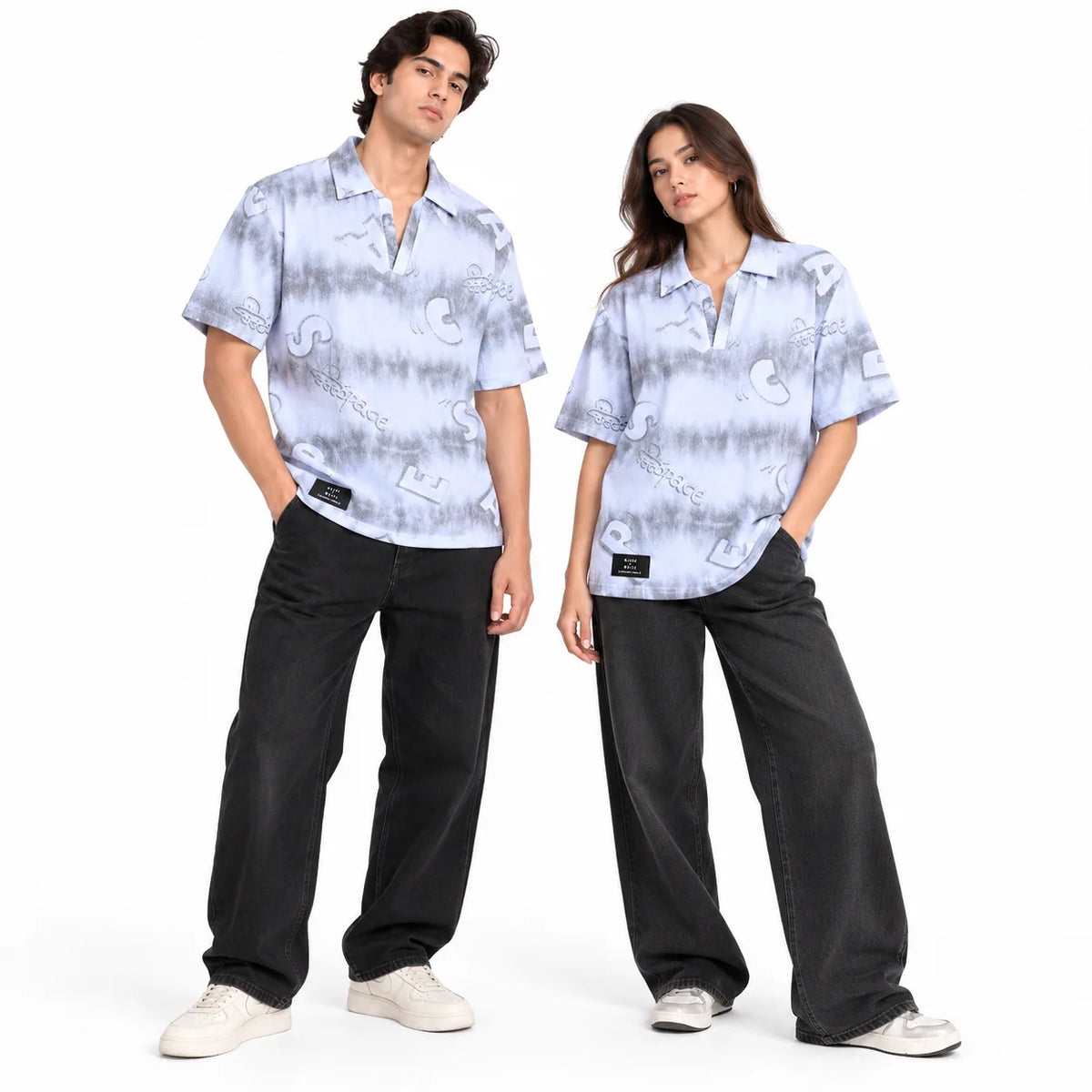 White Tie-Dye Alphabet Print Johnny Collar Polo Shirt - Polo