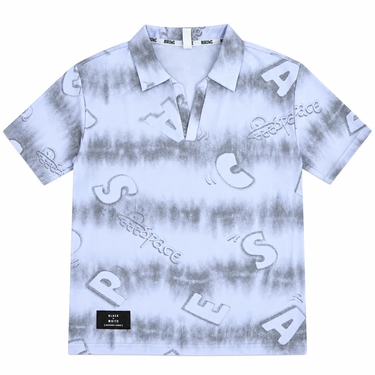 White Tie-Dye Alphabet Print Johnny Collar Polo Shirt - Polo