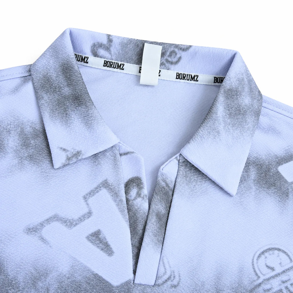 White Tie-Dye Alphabet Print Johnny Collar Polo Shirt - Polo