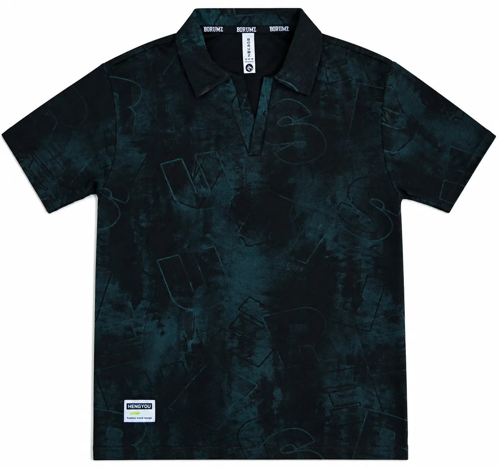 Black Abstract Print Johnny Collar Polo