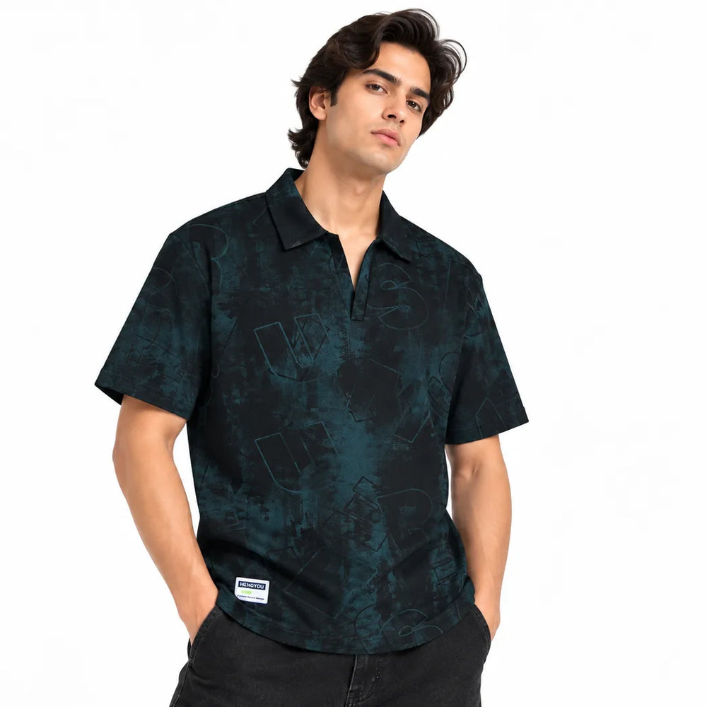 Black Abstract Print Johnny Collar Polo