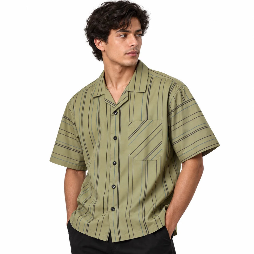 Khaki Striped Resort Collar Shirt