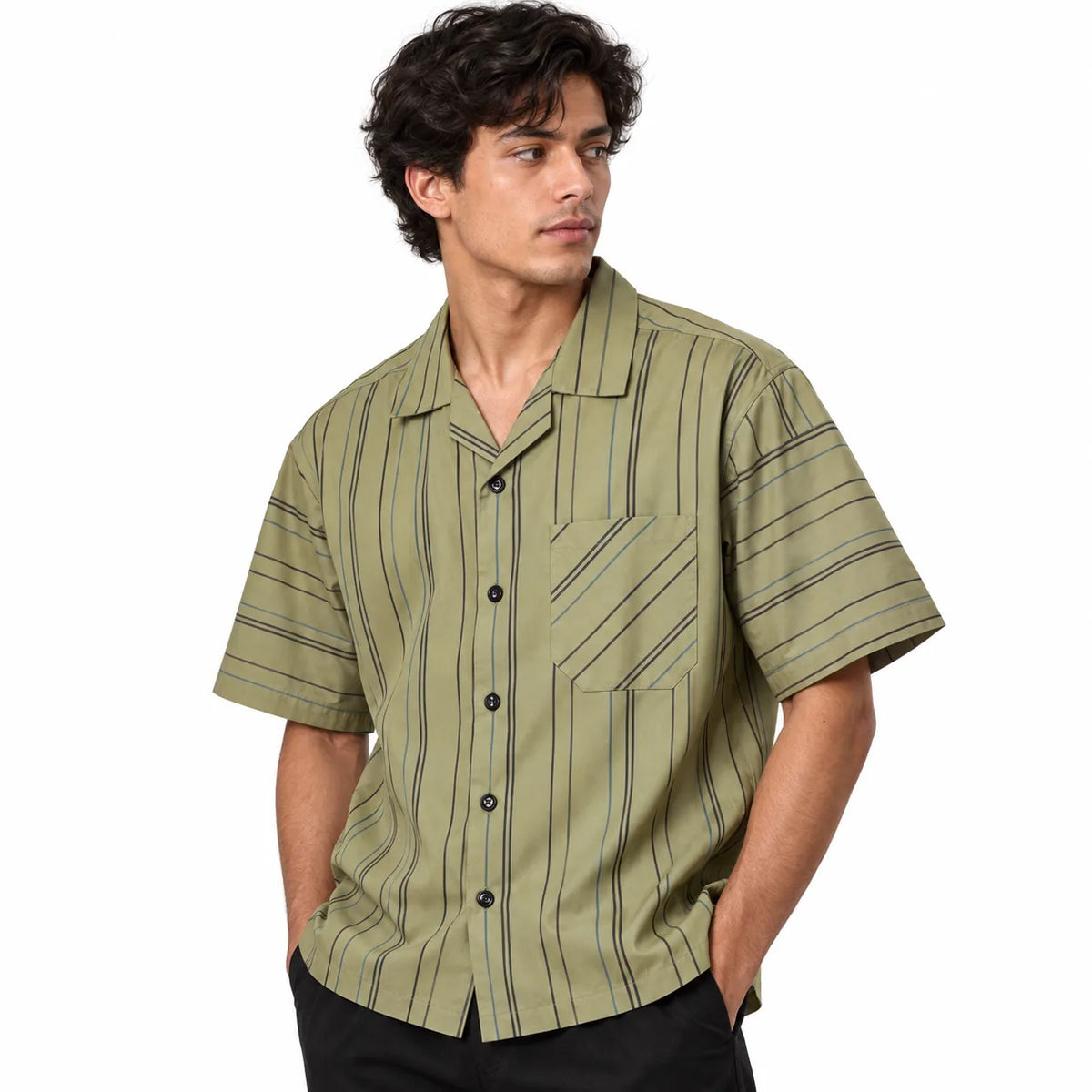 Khaki Striped Resort Collar Shirt