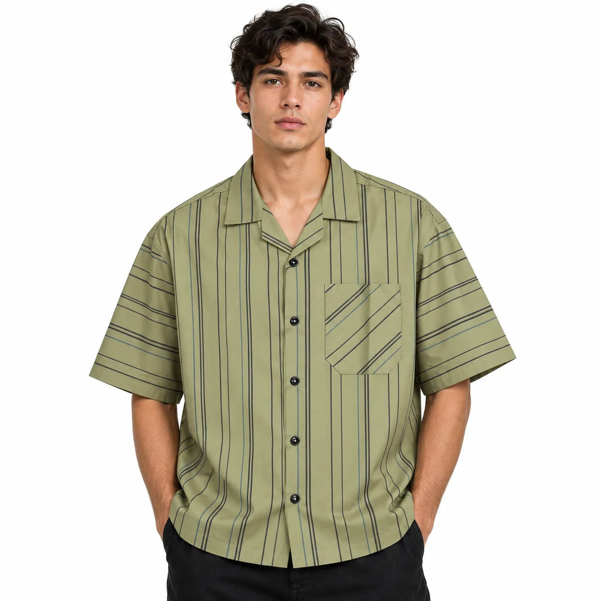 Khaki Striped Resort Collar Shirt