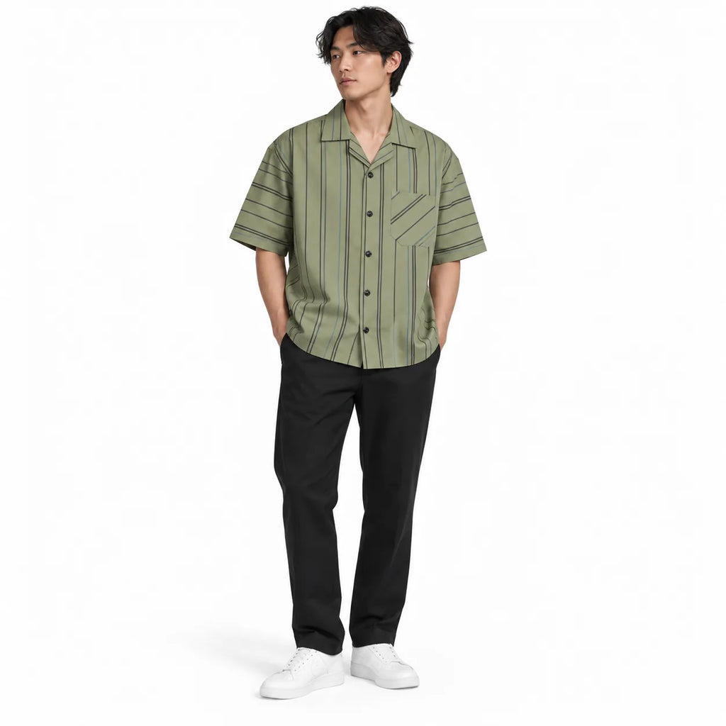 Khaki Striped Resort Collar Shirt
