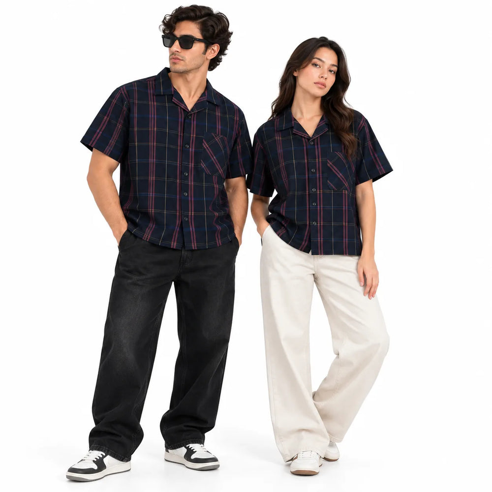 Navy Checkered Resort Collar Shirt