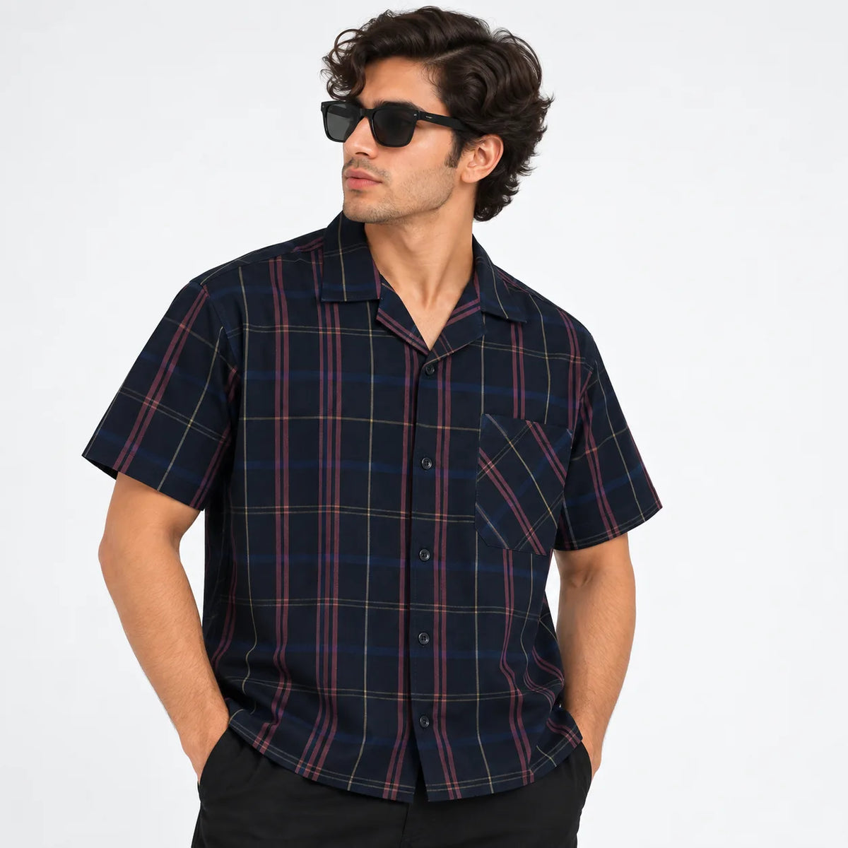 Navy Checkered Resort Collar Shirt