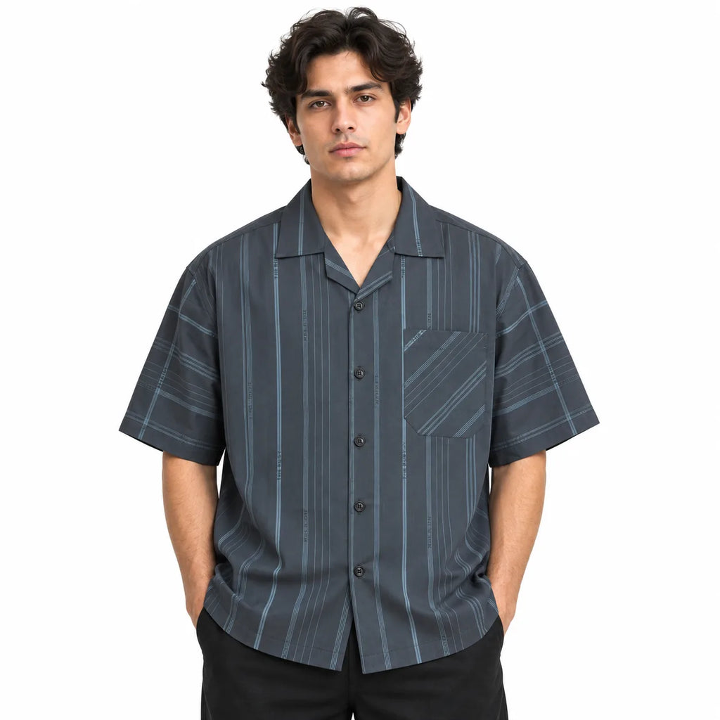 Charcoal Grey Striped Semi-Formal Shirt