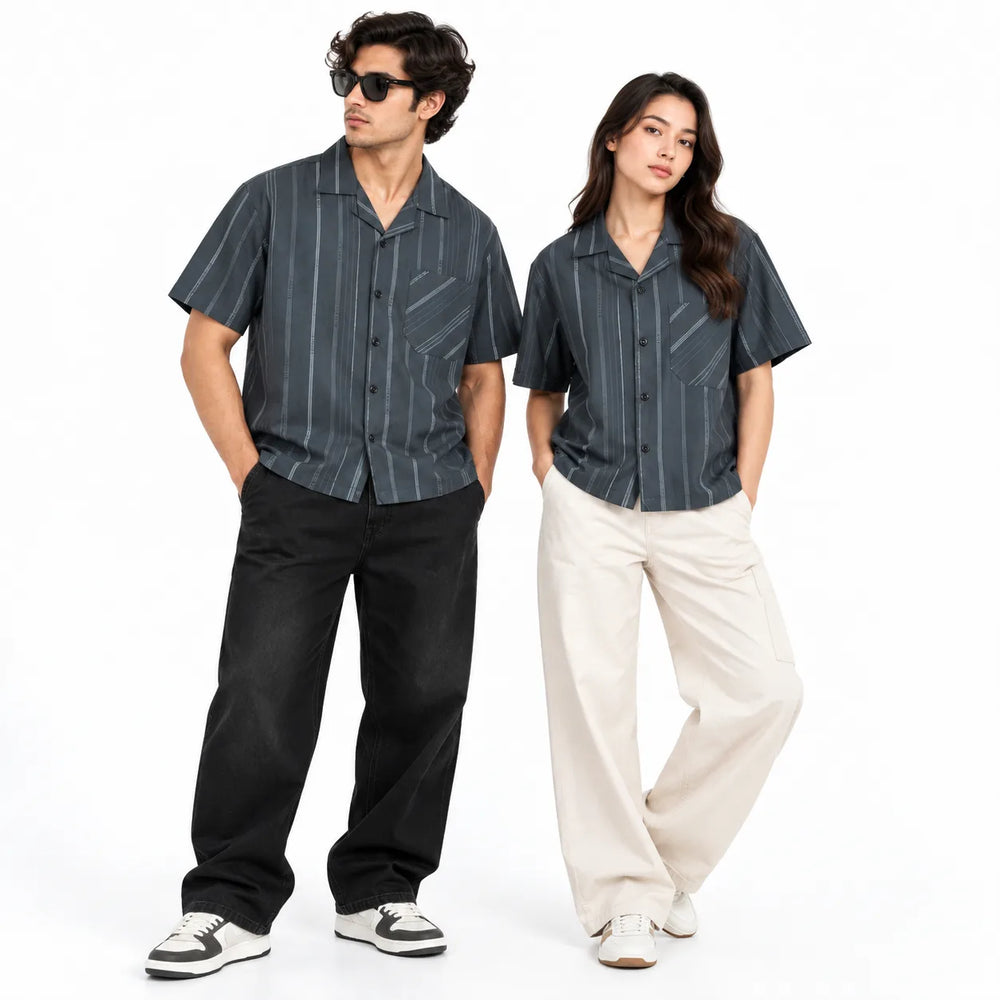 Charcoal Grey Striped Semi-Formal Shirt