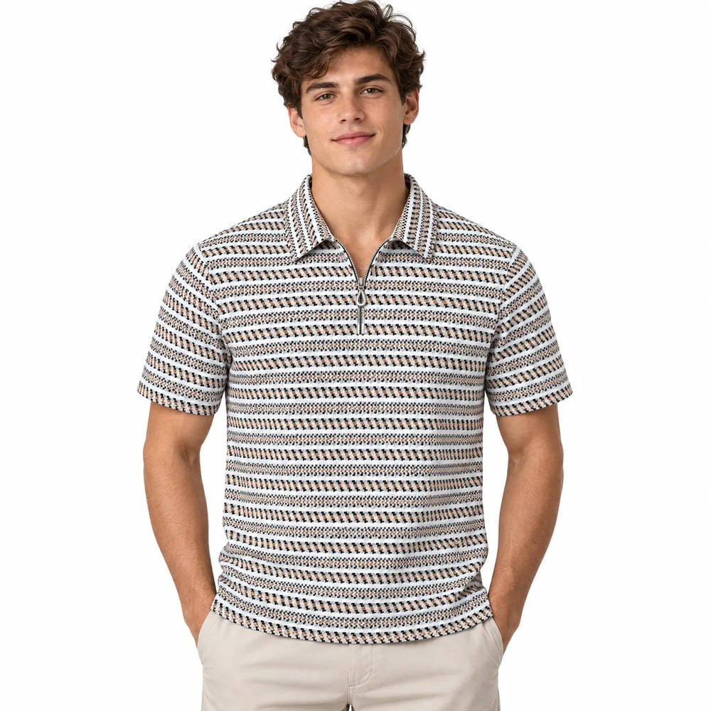 Black & Brown Striped Zip Polo Shirt | Knit Polo