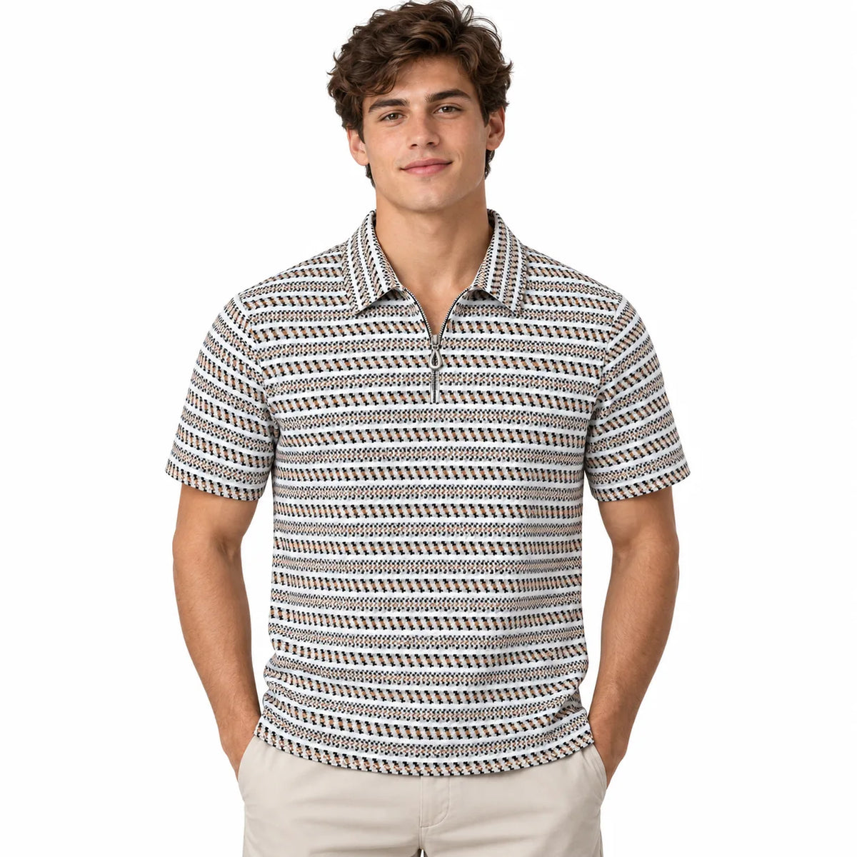 Black & Brown Striped Zip Polo Shirt | Knit Polo
