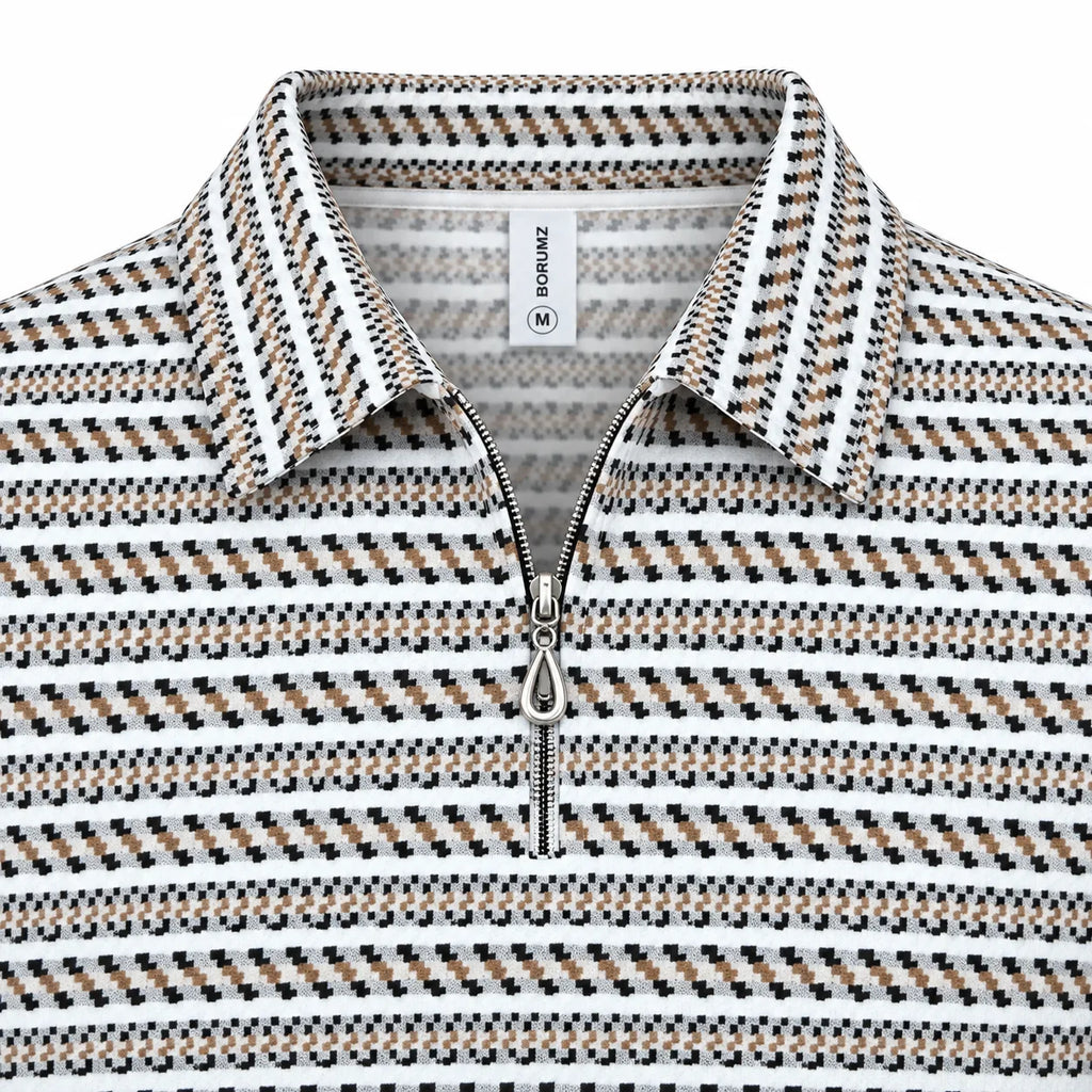 Black & Brown Striped Zip Polo Shirt | Knit Polo